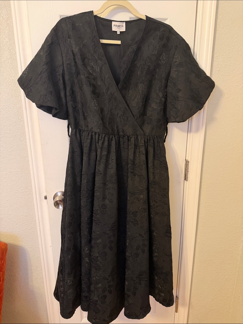 FRNCH Black Floral Jacquard Midi Dress with Flutter Sleeves